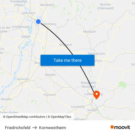 Friedrichsfeld to Kornwestheim map