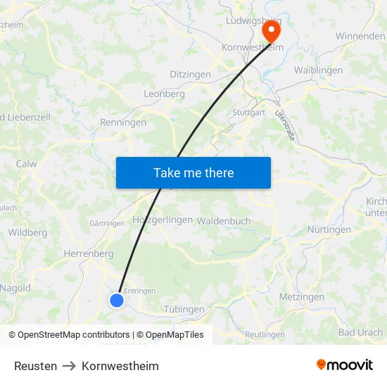 Reusten to Kornwestheim map