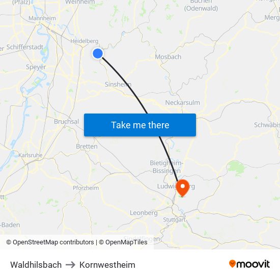 Waldhilsbach to Kornwestheim map