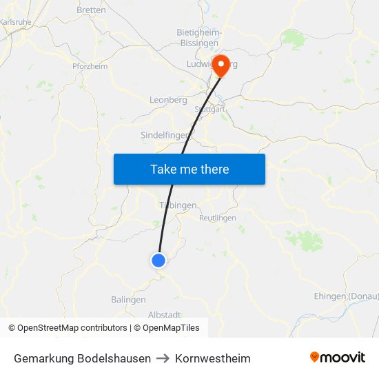 Gemarkung Bodelshausen to Kornwestheim map