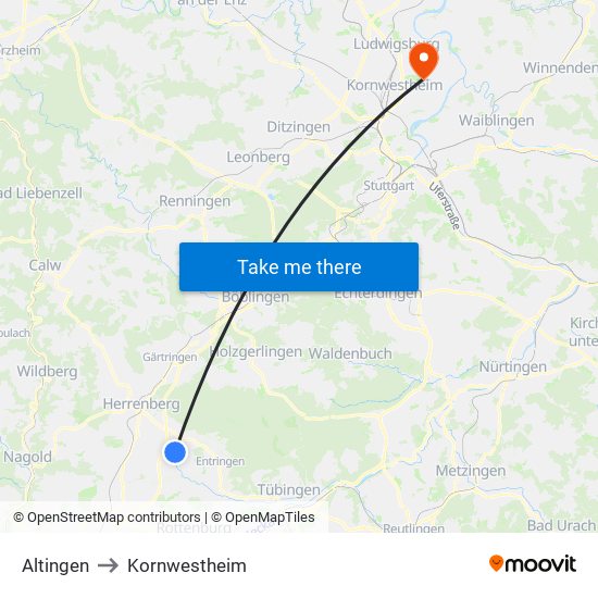 Altingen to Kornwestheim map
