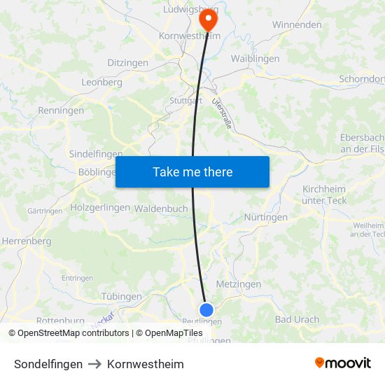 Sondelfingen to Kornwestheim map
