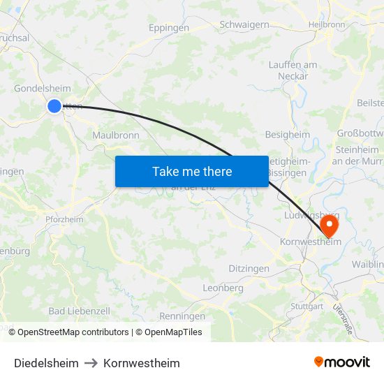 Diedelsheim to Kornwestheim map