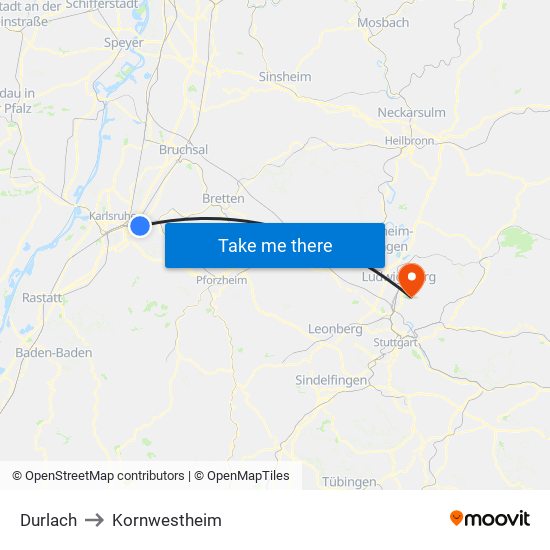 Durlach to Kornwestheim map