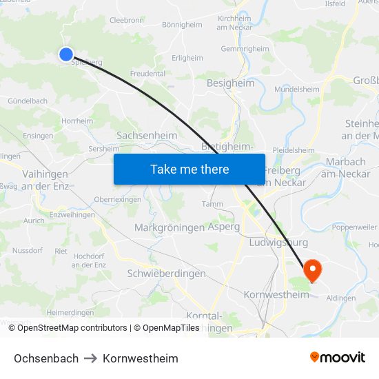 Ochsenbach to Kornwestheim map