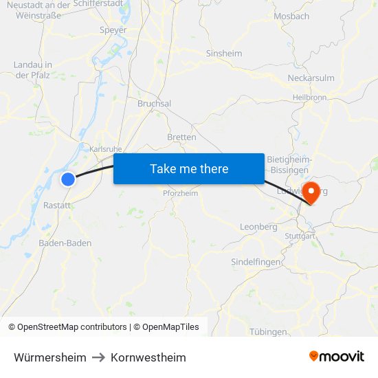 Würmersheim to Kornwestheim map