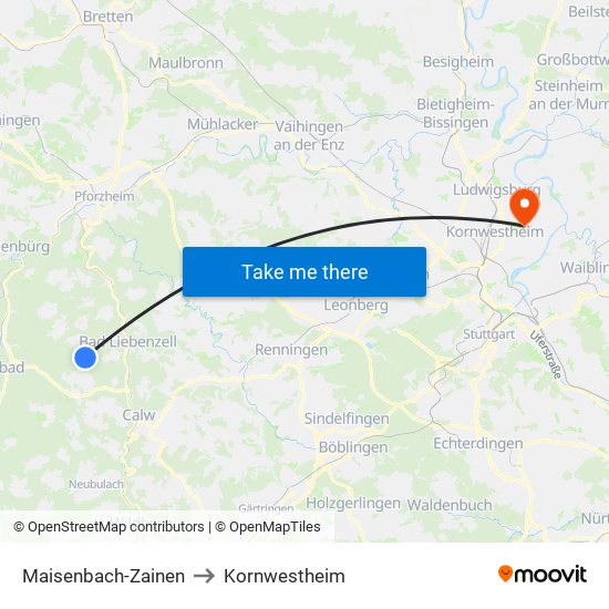 Maisenbach-Zainen to Kornwestheim map