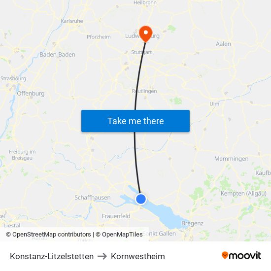 Konstanz-Litzelstetten to Kornwestheim map