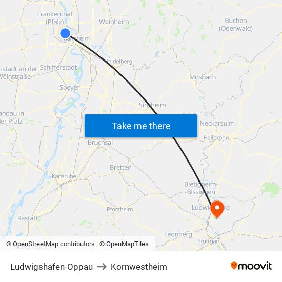 Ludwigshafen-Oppau to Kornwestheim map