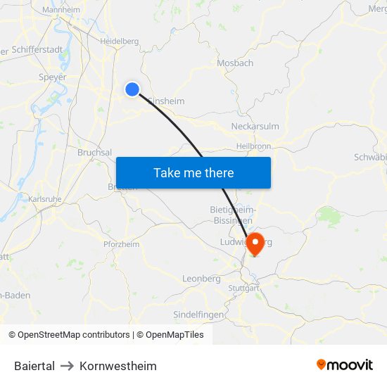 Baiertal to Kornwestheim map