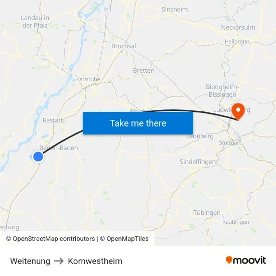 Weitenung to Kornwestheim map