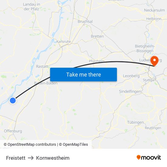 Freistett to Kornwestheim map