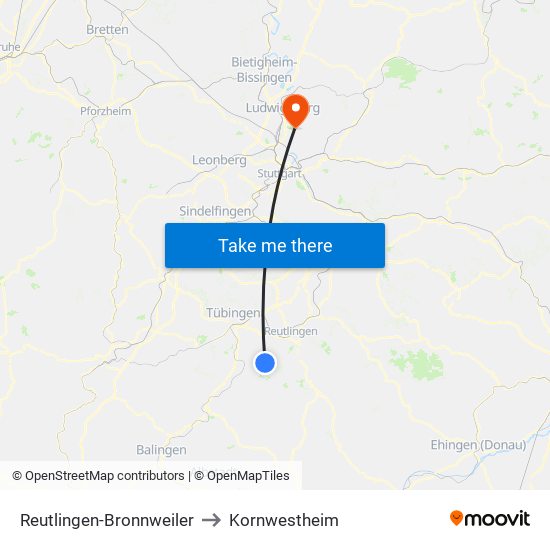 Reutlingen-Bronnweiler to Kornwestheim map