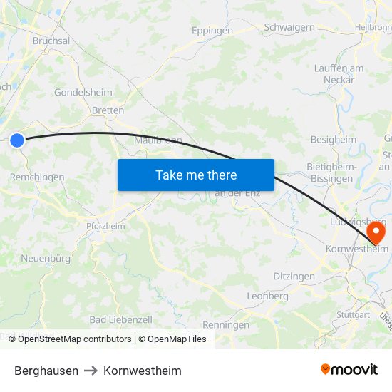 Berghausen to Kornwestheim map