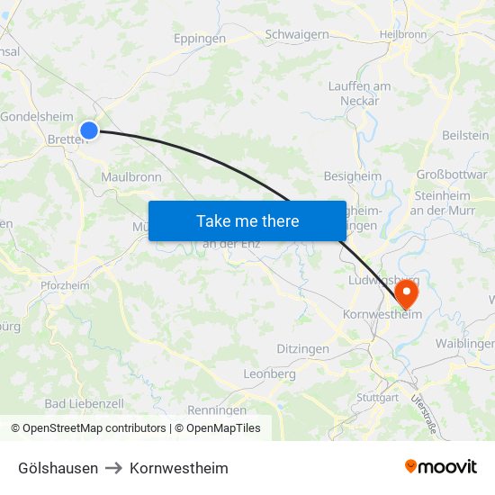 Gölshausen to Kornwestheim map