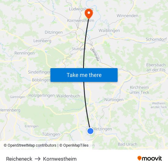 Reicheneck to Kornwestheim map