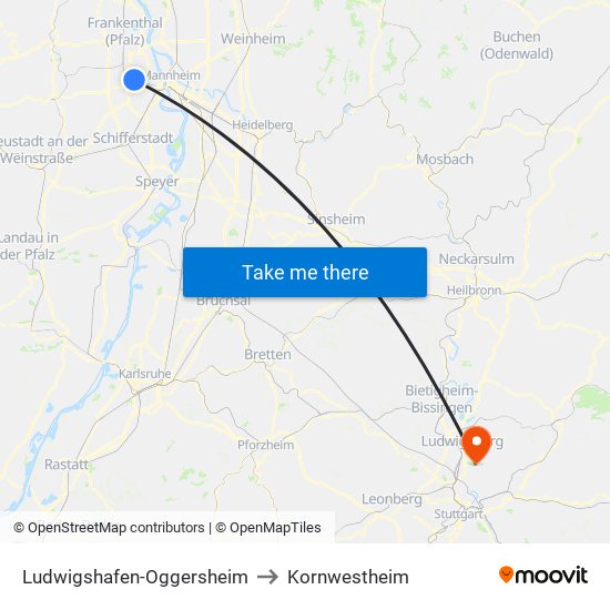 Ludwigshafen-Oggersheim to Kornwestheim map