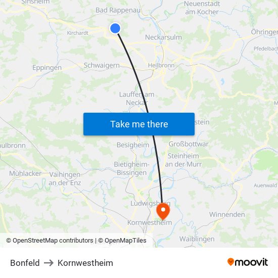 Bonfeld to Kornwestheim map