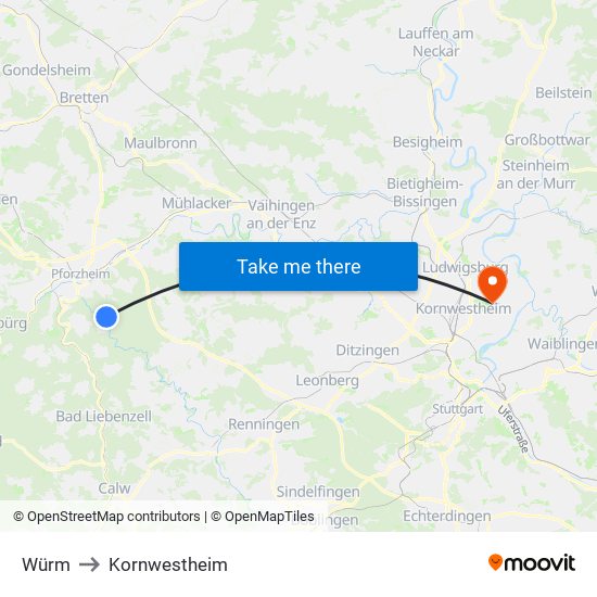 Würm to Kornwestheim map