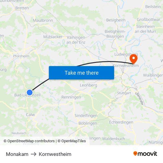 Monakam to Kornwestheim map