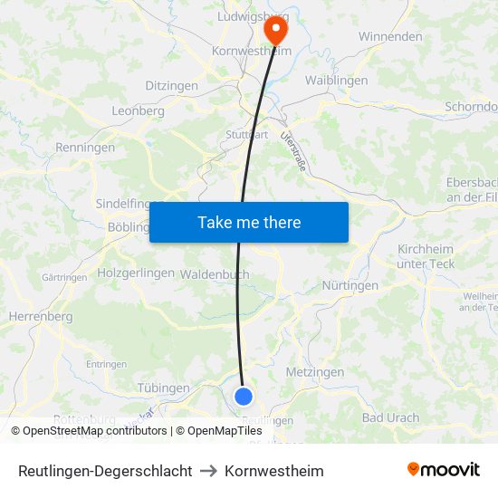 Reutlingen-Degerschlacht to Kornwestheim map