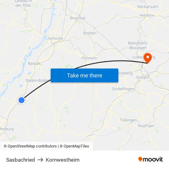 Sasbachried to Kornwestheim map