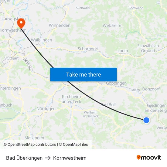 Bad Überkingen to Kornwestheim map