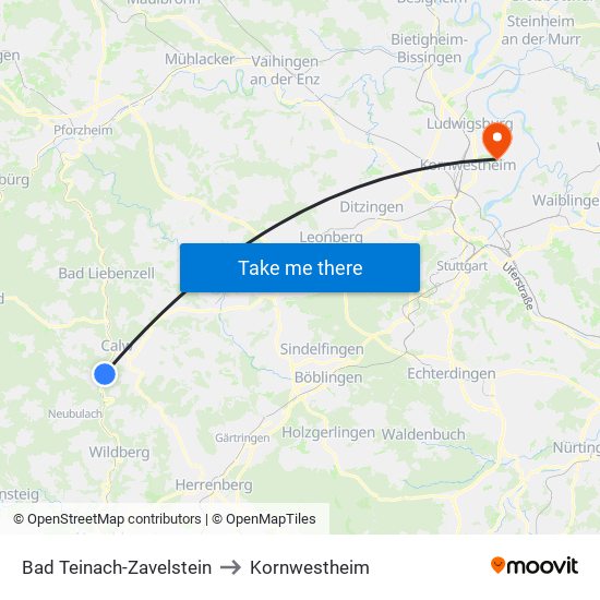 Bad Teinach-Zavelstein to Kornwestheim map