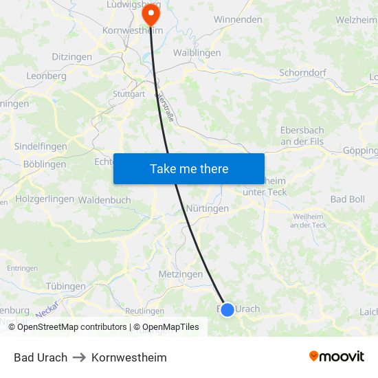 Bad Urach to Kornwestheim map