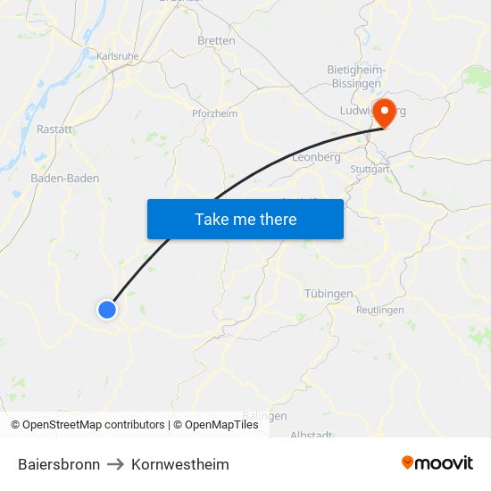 Baiersbronn to Kornwestheim map