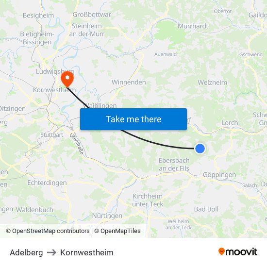 Adelberg to Kornwestheim map