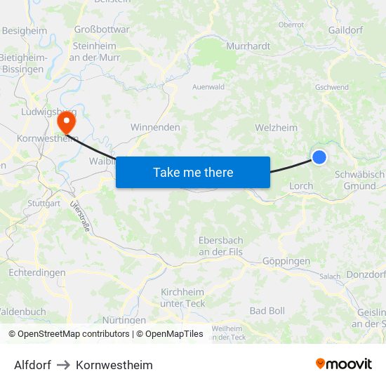 Alfdorf to Kornwestheim map