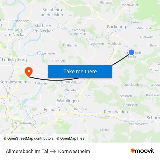Allmersbach Im Tal to Kornwestheim map