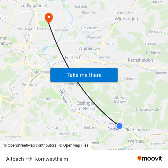 Altbach to Kornwestheim map