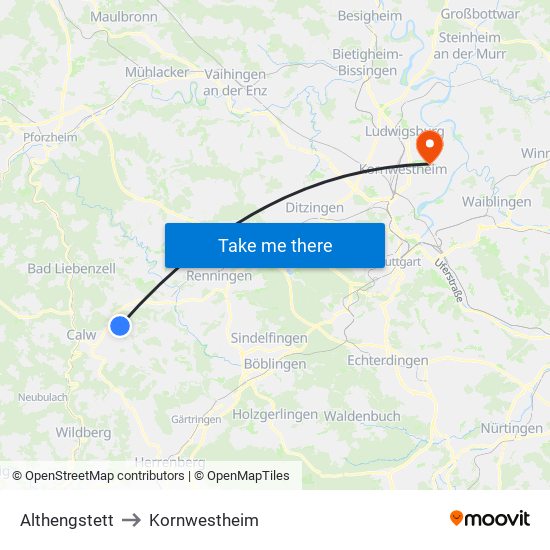 Althengstett to Kornwestheim map