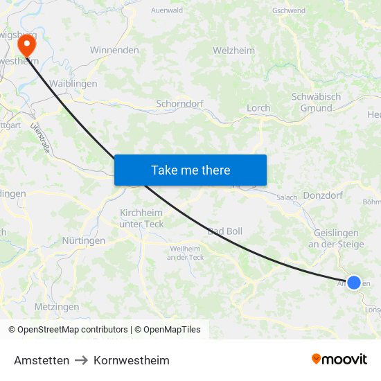 Amstetten to Kornwestheim map