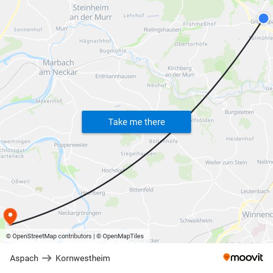 Aspach to Kornwestheim map