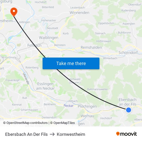Ebersbach An Der Fils to Kornwestheim map