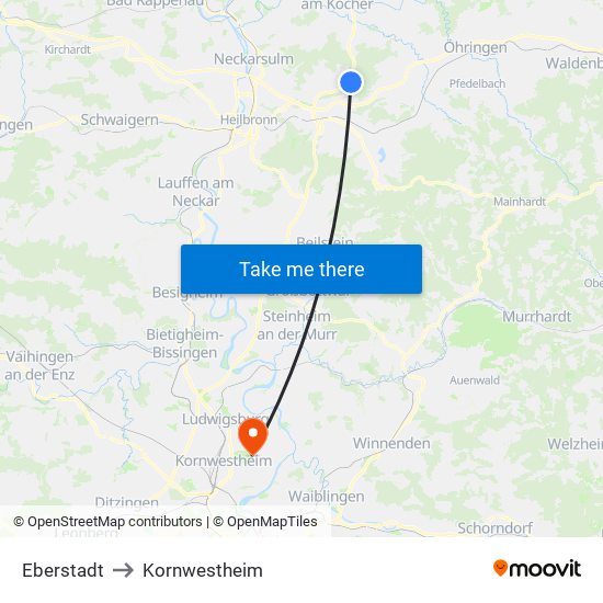 Eberstadt to Kornwestheim map