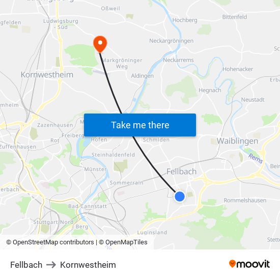 Fellbach to Kornwestheim map