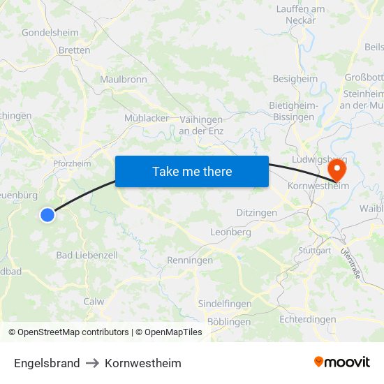 Engelsbrand to Kornwestheim map