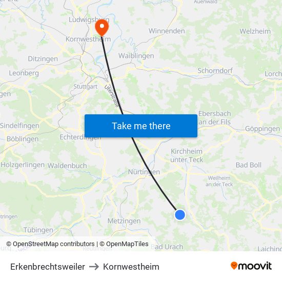 Erkenbrechtsweiler to Kornwestheim map