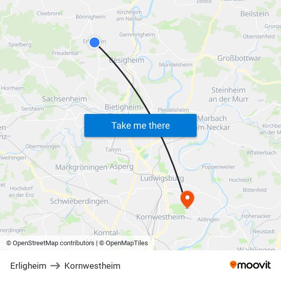 Erligheim to Kornwestheim map