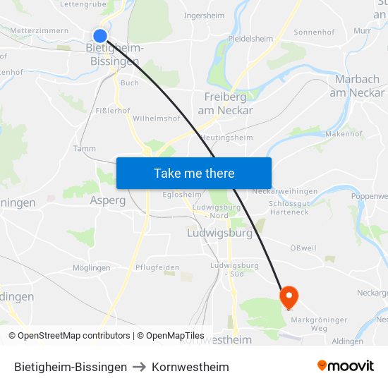 Bietigheim-Bissingen to Kornwestheim map