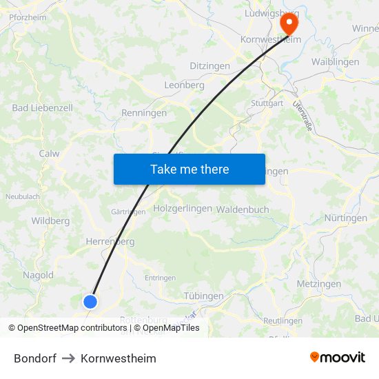 Bondorf to Kornwestheim map