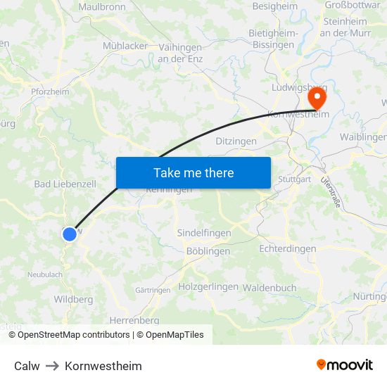 Calw to Kornwestheim map