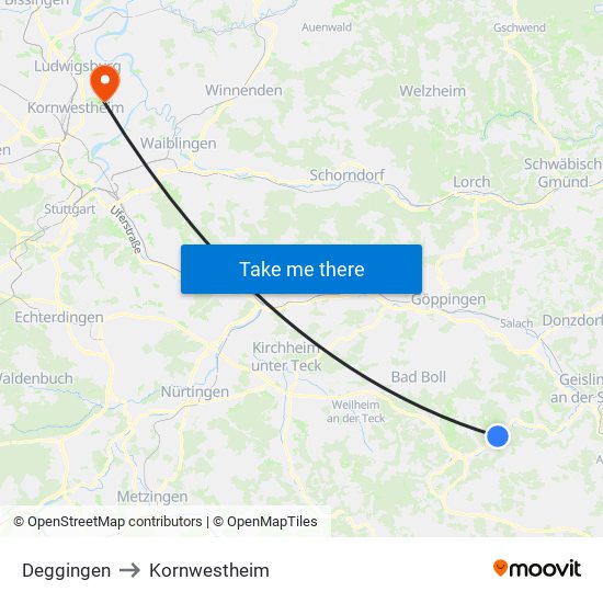 Deggingen to Kornwestheim map