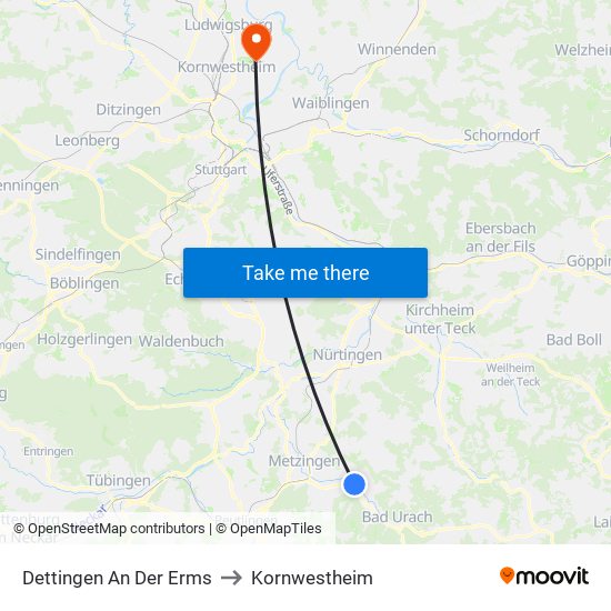 Dettingen An Der Erms to Kornwestheim map