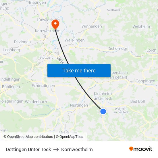 Dettingen Unter Teck to Kornwestheim map