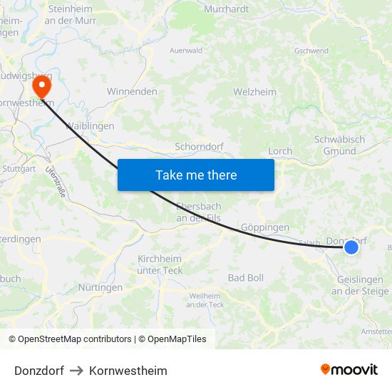 Donzdorf to Kornwestheim map